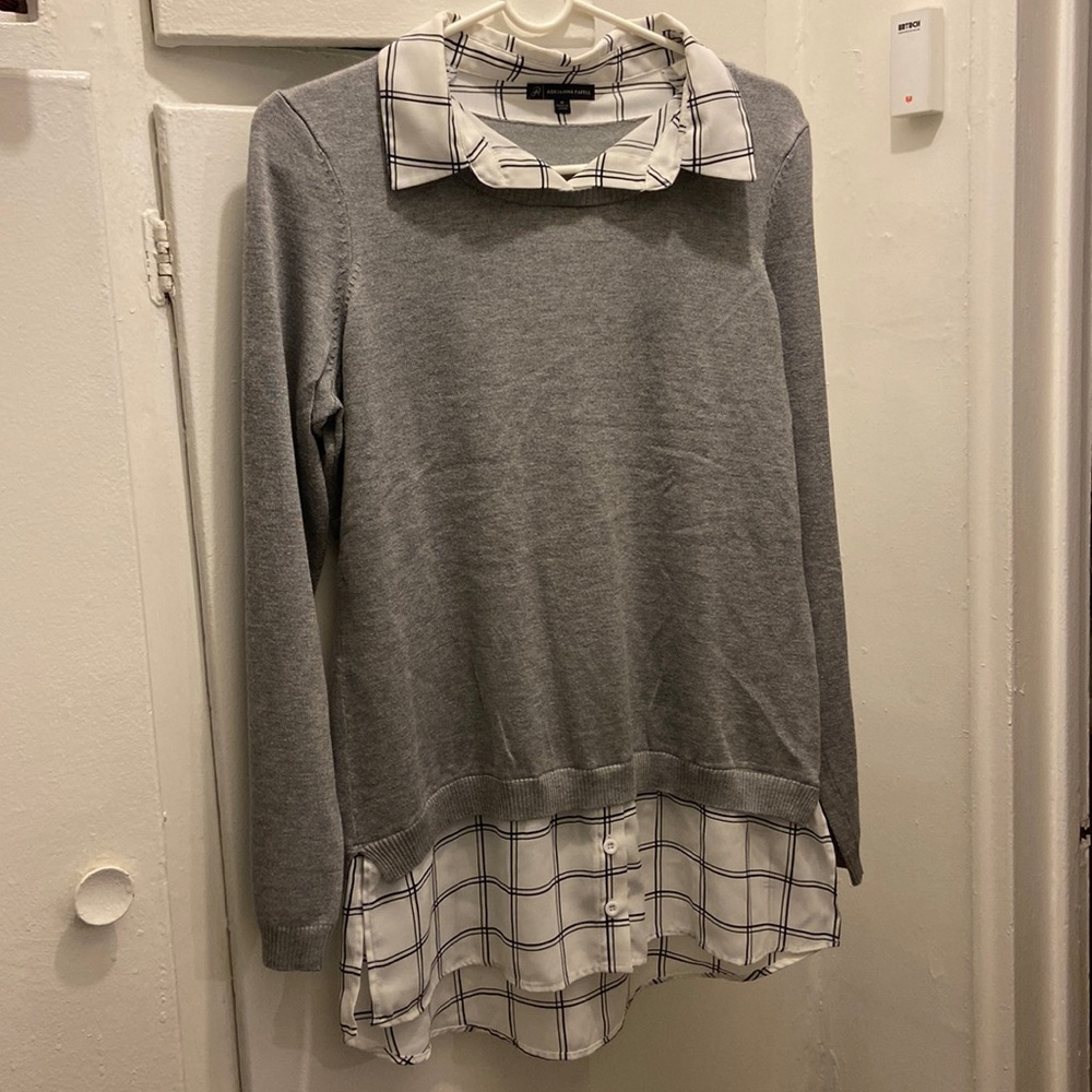 Adriana Papell Medium Sweater Shirt Collar Tunic Grey White Stripe